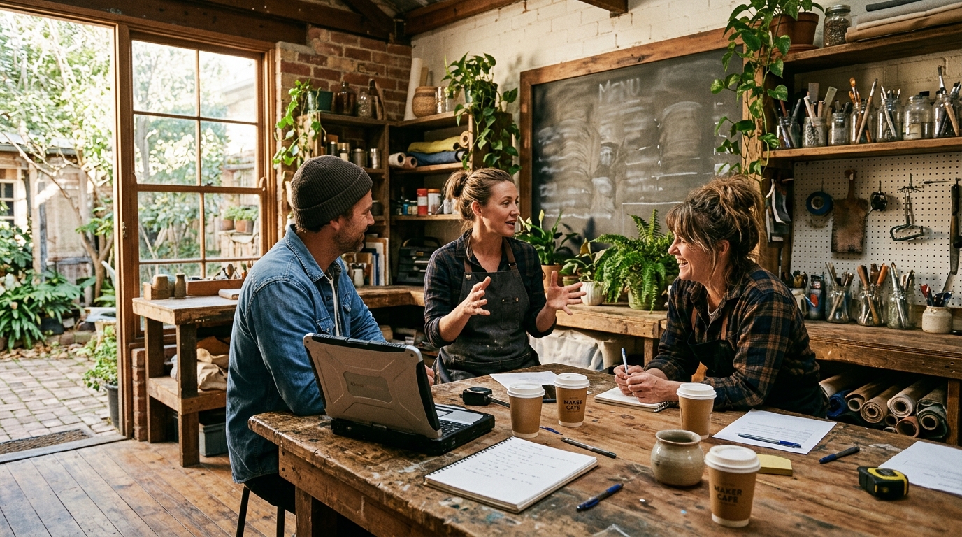 Practitioners collaborating in a small Australian workshop