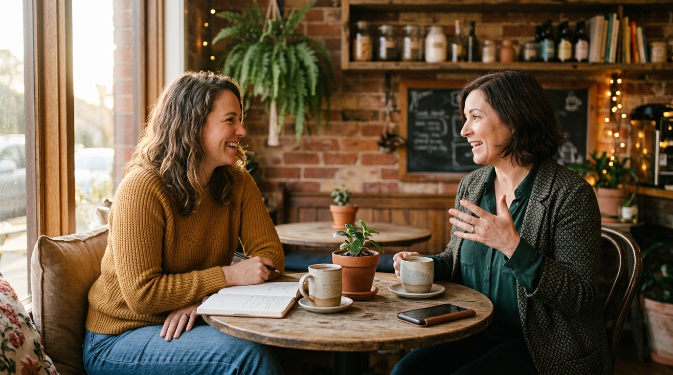 A friendly one-on-one chat over coffee at a small Australian business